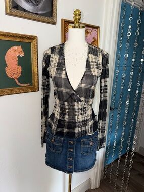 Vintage Y2K Plaid Silk Wrap Top